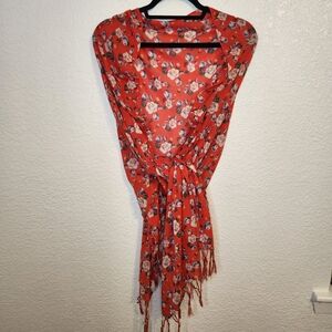 Aerie Floral Scarf Shawl Red Orange Gauzy Lightweight 80"